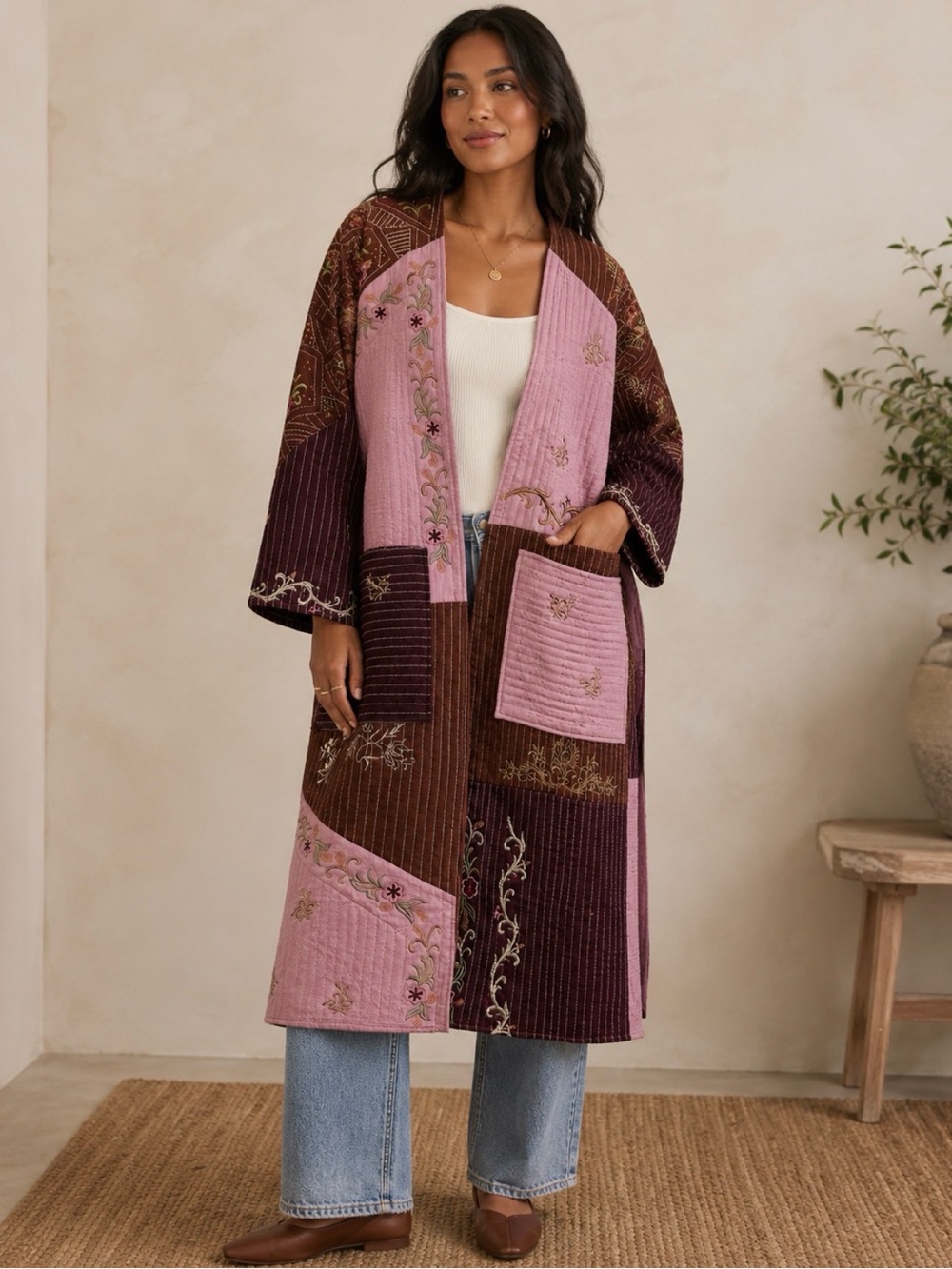 Zara Patchwork Embroidered Kimono Robe - Pink & Brown